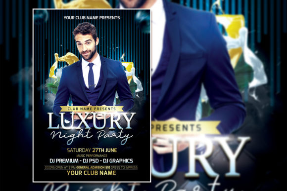 25 Disco Party Invitation Templates for a Sparkling Night 24 Luxury night party flyer featuring a well-dressed man and event details.
