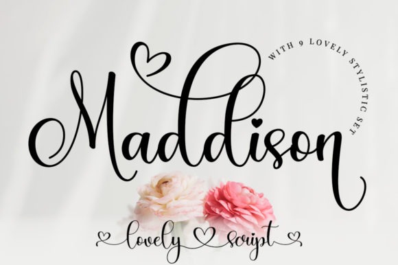 Maddison Calligraphy Font — calligraphy fonts Maddison calligraphy font with romantic details and heart-shaped extensions — calligraphy fonts