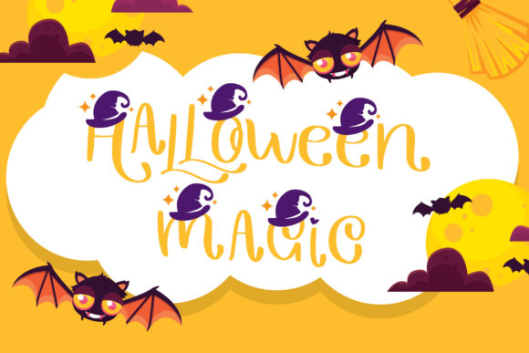 39 Quirky Halloween Fonts for Playful Spooky Designs 32 Colorful Halloween-themed text with bats and witches' hats on a yellow background.