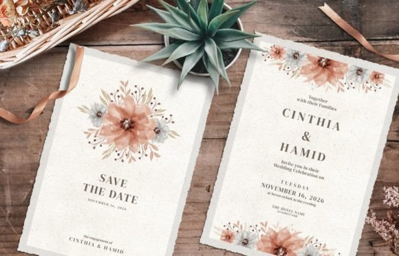 Garden Party Invite Template: 28 Beautiful Floral Designs 7 Floral wedding invitation with peach flowers and greenery on a wooden table.