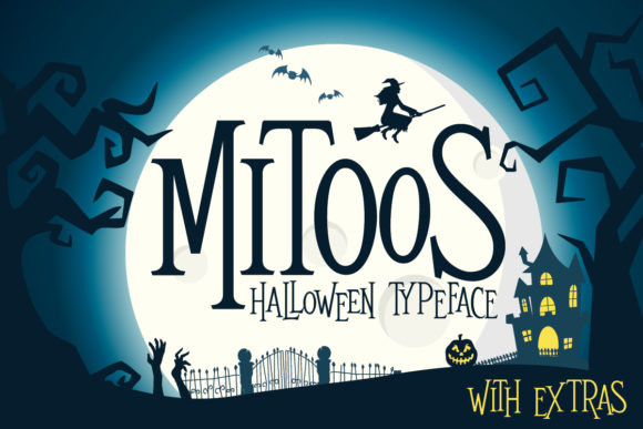 44 Spooky Halloween Alphabet Fonts for Posters and Crafts 9 Mitoos Halloween Typeface featuring a witch on a broomstick against a full moon.