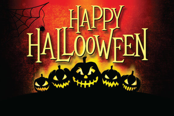 35 Creepy Alphabet Fonts for Bold Halloween Projects 6 Spooky Halloween scene with carved pumpkins and a web, featuring the text 'Happy Halloween.'
