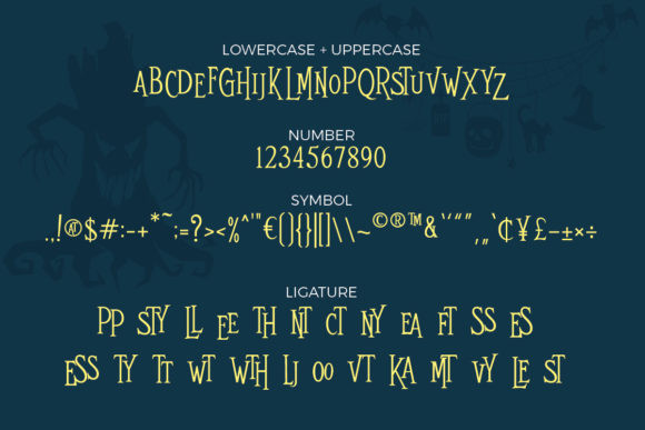 28 Halloween Fonts for Stickers & Labels That Print Clearly 9 Halloween font showcasing uppercase, lowercase, numbers, symbols, and ligatures.