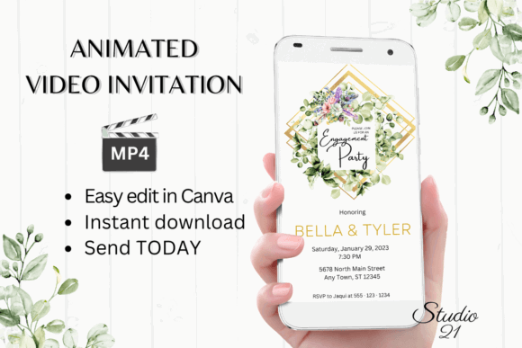 Engagement Party Invite Template: 26 Elegant Picks 36 Animated engagement party invitation on a smartphone with floral design.