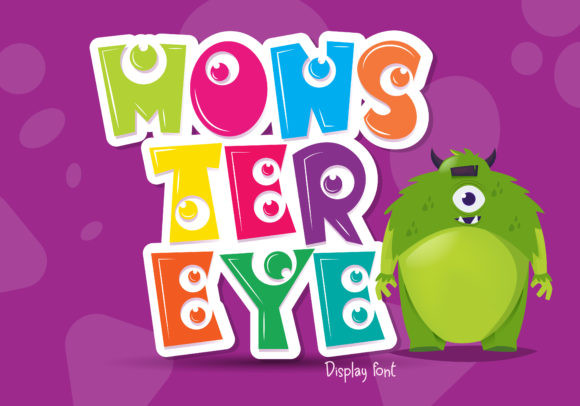Halloween Bubble Letter Fonts: 27 Cute Spooky Picks 14 Colorful Monster Eye bubble letter font with a green monster character.