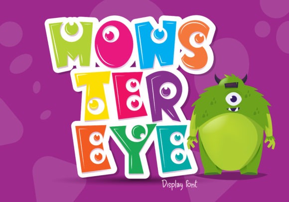 24 Halloween ABC Fonts for Spooky Alphabet Designs 39 Monster Eye font in colorful letters with a green monster illustration โ Halloween ABC fonts