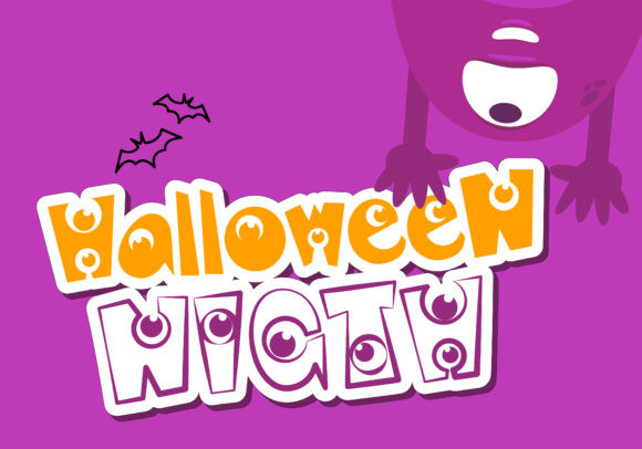25 Cute Halloween Bubble Fonts for Playful Designs 5 Playful Halloween lettering with eyes and bats on a purple background.