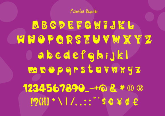 Halloween Bubble Letter Fonts: 27 Cute Spooky Picks 15 Yellow bubble letter font displaying uppercase and lowercase letters, numbers, and symbols on a purple background.