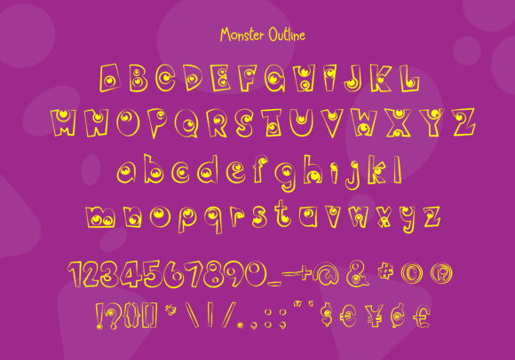 Halloween Bubble Letter Fonts: 27 Cute Spooky Picks 16 Playful yellow outline font featuring uppercase and lowercase letters, numbers, and symbols on a purple background.
