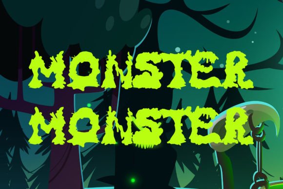 49 Thick Halloween Fonts for Bold Posters and T-Shirts 35 Green dripping Halloween font displaying the word 'Monster' against a spooky background.