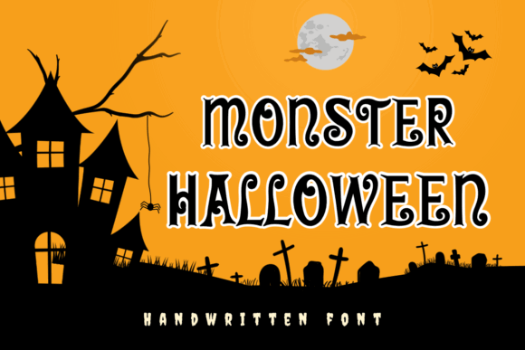 39 Quirky Halloween Fonts for Playful Spooky Designs 5 Playful Halloween font with spooky elements on an orange background.