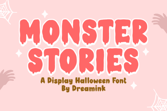 Halloween Bubble Fonts: 36 Playful Picks for Spooky Crafts 17 Monster Stories Halloween font with dripping letters on a pink background.