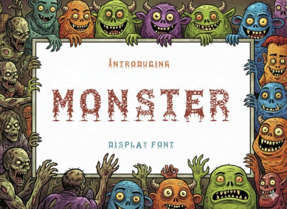 49 Thick Halloween Fonts for Bold Posters and T-Shirts 30 Colorful monster characters holding a sign that reads 'MONSTER' in a spooky font.