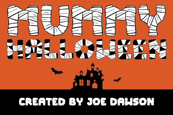 44 Spooky Halloween Alphabet Fonts for Posters and Crafts 35 Mummy Halloween font displayed with a haunted house silhouette and bats on an orange background.