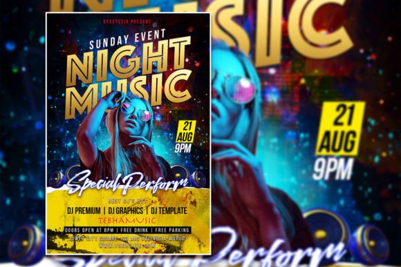 25 Disco Party Invitation Templates for a Sparkling Night 23 Colorful flyer for a music night event featuring a woman with sunglasses and vibrant graphics.