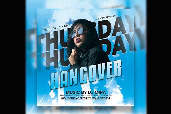 25 Disco Party Invitation Templates for a Sparkling Night 18 A vibrant nightclub flyer featuring a woman wearing sunglasses with bold text for a Thursday party event.
