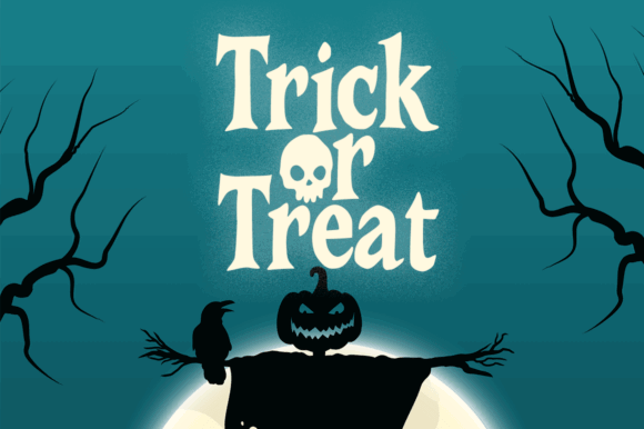 49 Thick Halloween Fonts for Bold Posters and T-Shirts 14 Spooky Halloween design featuring 'Trick or Treat' text with a skull and pumpkin against a dark background.