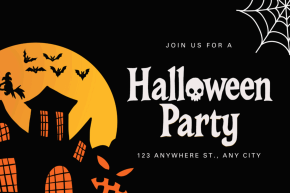 39 Quirky Halloween Fonts for Playful Spooky Designs 29 Halloween party invitation featuring a spooky house, bats, and decorative text.