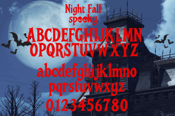 Halloween Bubble Fonts: 36 Playful Picks for Spooky Crafts 30 Halloween-themed font display with spooky letters and bats against a haunted house background.