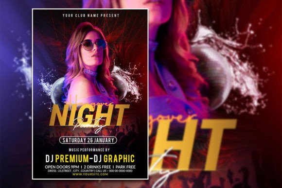 25 Disco Party Invitation Templates for a Sparkling Night 22 Colorful disco party flyer featuring a DJ and vibrant lighting effects.