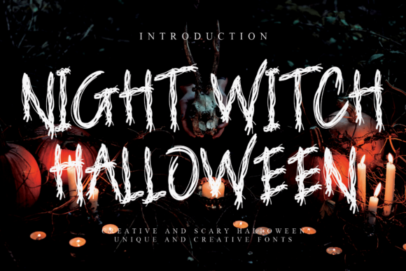 Unusual Halloween Fonts: 35 Creative Picks for Standout Designs 38 Night Witch Halloween font displayed on a dark, spooky background with candles and pumpkins.