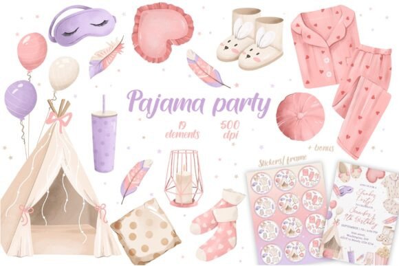 Pajama Party Invite Template: 25 Cozy Designs You’ll Love 15 Pajama party clipart featuring tents, balloons, pajamas, and cozy accessories.