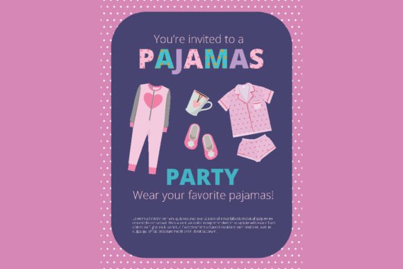 Pajama Party Invite Template: 25 Cozy Designs You’ll Love 13 Colorful pajama party invitation featuring pajamas, slippers, and a mug on a pink background.