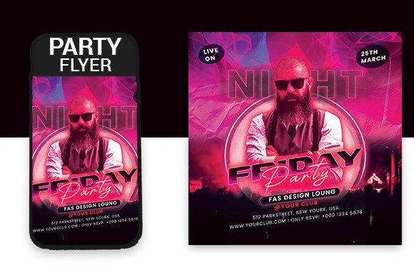 25 Disco Party Invitation Templates for a Sparkling Night 17 Colorful disco party flyer featuring a man with sunglasses and bold text for a Friday night event.