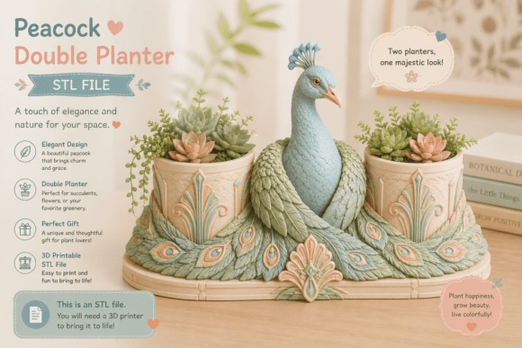 Peacock Double Planter STL — DIY 3D printed gifts DIY 3D printed gifts featuring a peacock double planter design.