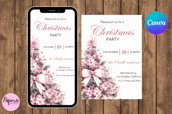 Christmas Party Invitation Templates: 35 Festive Picks 29 Pink Christmas tree invitation design with floral accents and RSVP details.