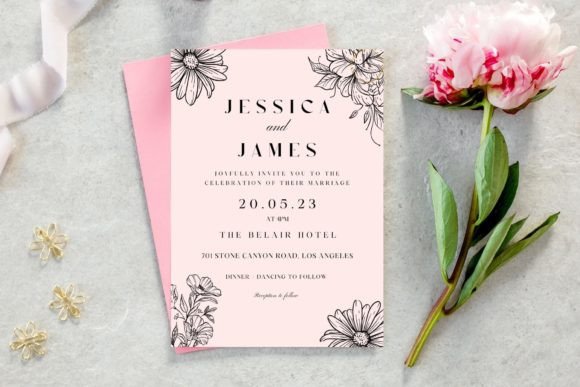 Garden Party Invite Template: 28 Beautiful Floral Designs 12 Elegant pink floral wedding invitation with black line art and peony flower accent.
