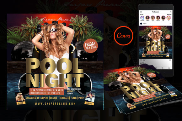 Beach Party Invite Template: 25 Best Sunny Designs 28 Colorful Pool Night event flyer featuring a woman in sunglasses and tropical elements.