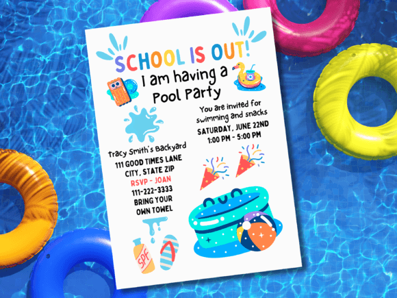 Beach Party Invite Template: 25 Best Sunny Designs 2 Colorful pool party invitation with playful graphics and event details on a blue water background.