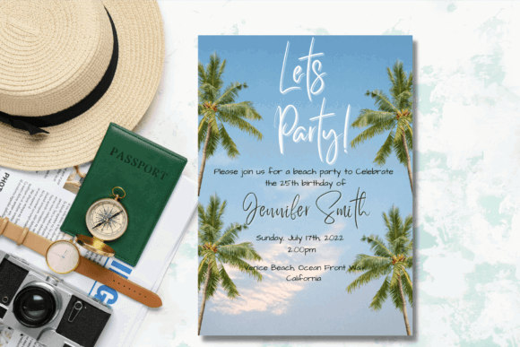 Beach Party Invite Template: 25 Best Sunny Designs 3 Beach party invitation featuring palm trees and a blue sky background.