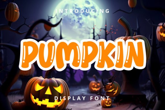 49 Thick Halloween Fonts for Bold Posters and T-Shirts 42 Chunky Halloween font displaying the word 'PUMPKIN' with pumpkins and a moon in the background.