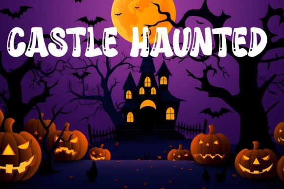 49 Thick Halloween Fonts for Bold Posters and T-Shirts 43 Haunted castle with pumpkins and bats against a purple night sky.