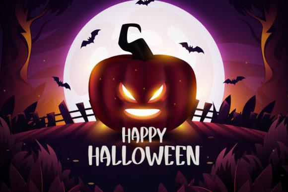 44 Spooky Halloween Alphabet Fonts for Posters and Crafts 81 A glowing jack-o'-lantern with a sinister face against a full moon background, surrounded by bats.