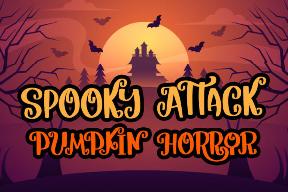 44 Spooky Halloween Alphabet Fonts for Posters and Crafts 82 Spooky Attack Pumpkin Horror font displayed against a Halloween-themed background with bats and a haunted house.