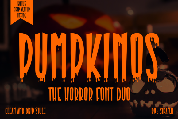 28 Halloween Fonts for Stickers & Labels That Print Clearly 30 Pumpkin-themed font design with dripping letters and Halloween decorations.