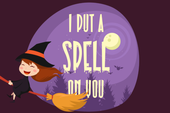 35 Creepy Alphabet Fonts for Bold Halloween Projects 18 A cheerful witch flying on a broomstick with the text 'I PUT A SPELL ON YOU' against a purple moonlit background.