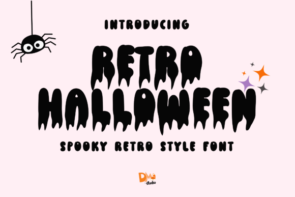 45 Chunky Halloween Fonts for Cricut and Canva Projects 20 Spooky retro style font with dripping letters and a spider graphic.