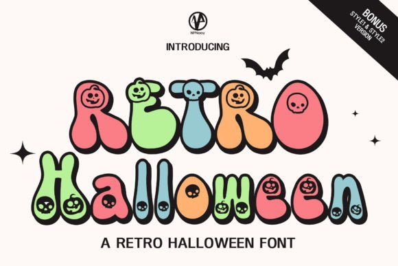 28 Halloween Fonts for T-Shirt Designs & POD 4 Colorful retro Halloween font with pumpkins and skulls.
