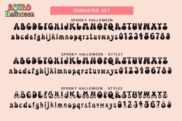 28 Halloween Fonts for T-Shirt Designs & POD 5 Character set of Spooky Halloween font styles with uppercase and lowercase letters and numbers.
