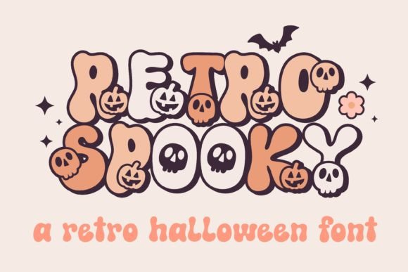 25 Cute Halloween Bubble Fonts for Playful Designs 21 Playful Halloween font featuring the words 'Retro Spooky' with pumpkins and skulls.