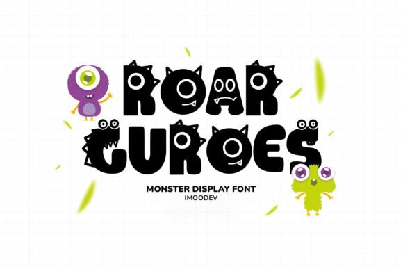 Halloween Bubble Fonts: 36 Playful Picks for Spooky Crafts 15 Playful monster-themed font design featuring the text 'Roar Guroes' with cartoonish characters.