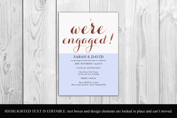 Engagement Party Invite Template: 26 Elegant Picks 5 Rose gold engagement invitation template with editable text on a wooden background.