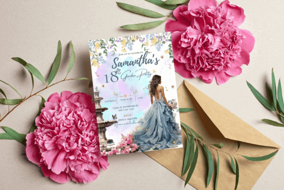 30 Charming Tea Party Invitation Templates for Elegant Celebrations 23 Elegant garden party invitation with floral design and a model in a gown.