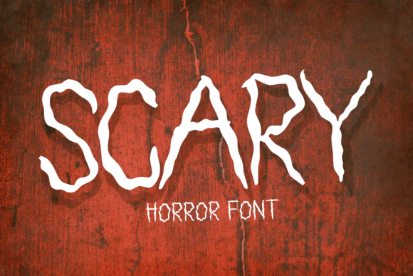 44 Spooky Halloween Alphabet Fonts for Posters and Crafts 77 Scary horror font displayed on a red textured background.