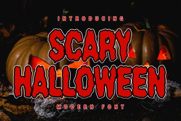Weird Halloween Fonts: 32 Whimsical Picks for Creative Designs 14 Bold red Halloween font saying 'Scary Halloween' with carved pumpkins in the background.