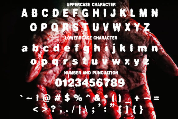 Weird Halloween Fonts: 32 Whimsical Picks for Creative Designs 15 Blood-splattered hands displaying Halloween-themed font characters.